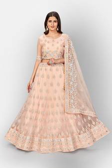 Graceful Peach thread and Zari Embroidered net semi stitched lehenga