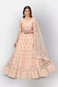Graceful Peach thread and Zari Embroidered net semi stitched lehenga