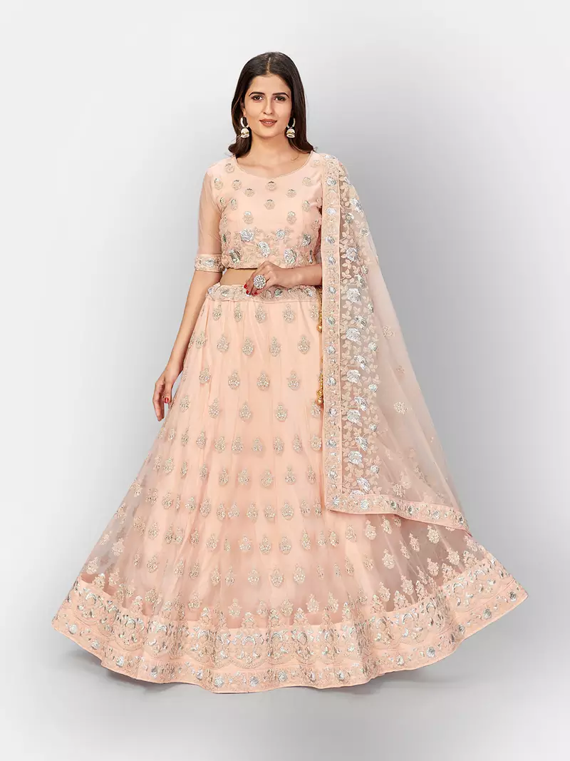 Graceful Peach thread and Zari Embroidered net semi stitched lehenga