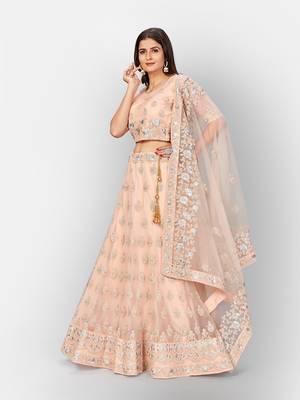 Graceful Peach thread and Zari Embroidered net Semi Stitched Lehenga 2