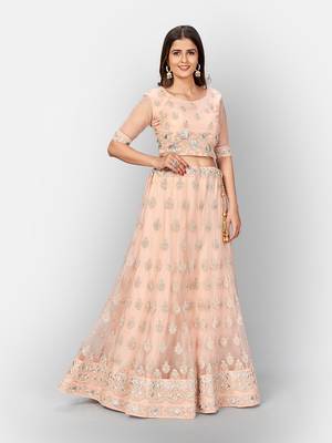 Graceful Peach thread and Zari Embroidered net Semi Stitched Lehenga 3