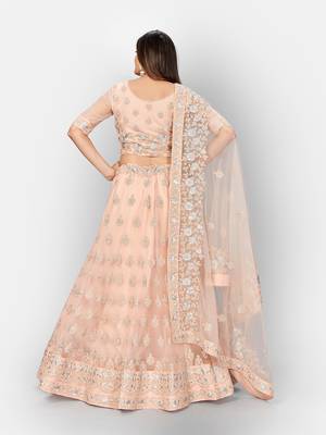 Graceful Peach thread and Zari Embroidered net Semi Stitched Lehenga 4