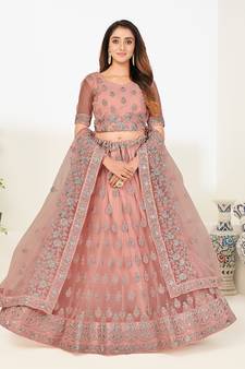 Charming Dark-peach thread and Zari Embroidered net semi stitched lehenga