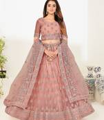 Charming Dark-peach thread and Zari Embroidered net Semi Stitched Lehenga