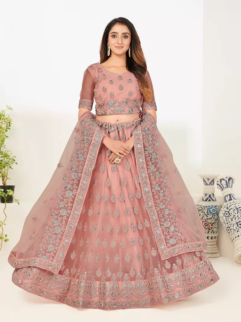 Charming Dark-peach thread and Zari Embroidered net semi stitched lehenga