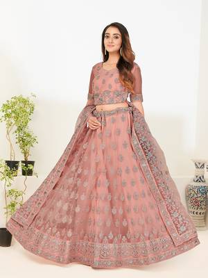 Charming Dark-peach thread and Zari Embroidered net Semi Stitched Lehenga 2