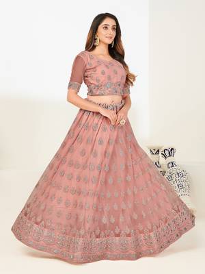 Charming Dark-peach thread and Zari Embroidered net Semi Stitched Lehenga 3