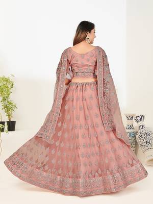 Charming Dark-peach thread and Zari Embroidered net Semi Stitched Lehenga 4