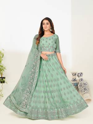 Colorful Green thread and Zari Embroidered net Semi Stitched Lehenga 1