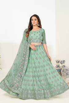 Colorful Green thread and Zari Embroidered net semi stitched lehenga