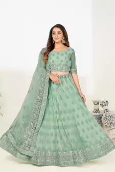 Colorful Green thread and Zari Embroidered net semi stitched lehenga