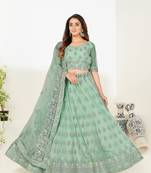 Colorful Green thread and Zari Embroidered net Semi Stitched Lehenga