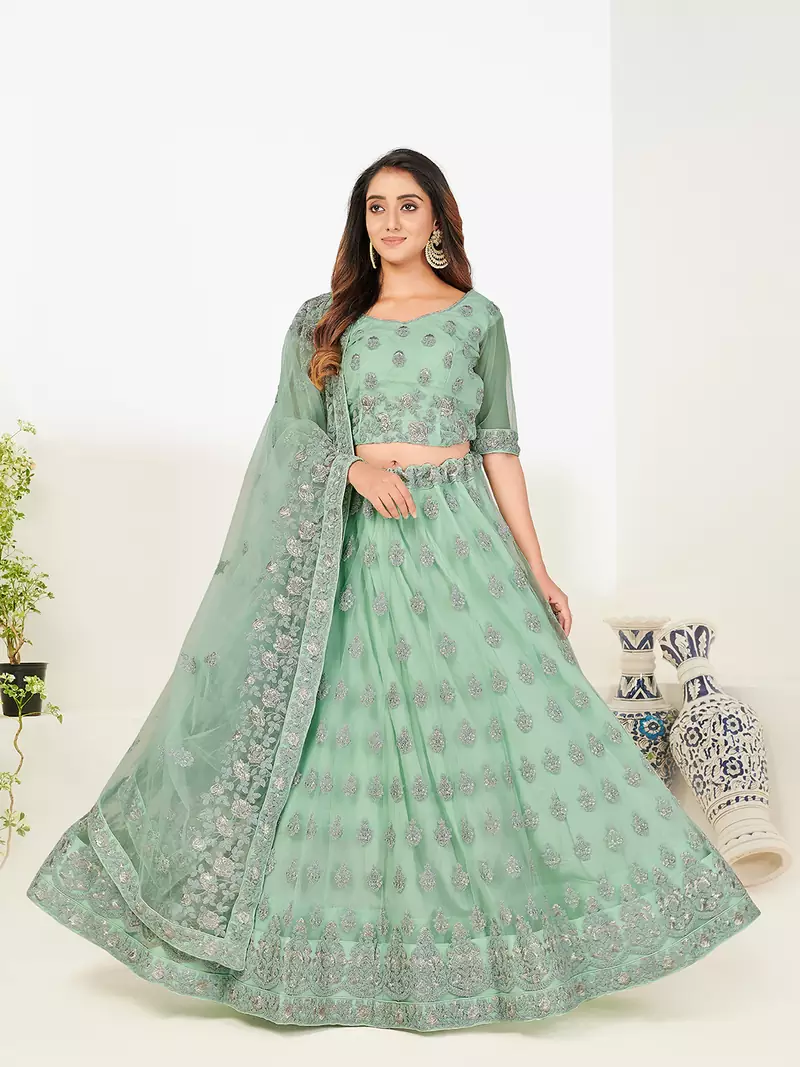 Colorful Green thread and Zari Embroidered net semi stitched lehenga