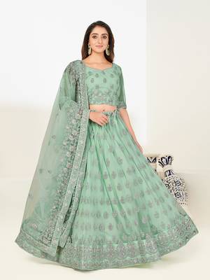 Colorful Green thread and Zari Embroidered net Semi Stitched Lehenga 2