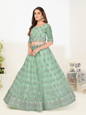 Colorful Green thread and Zari Embroidered net Semi Stitched Lehenga 3
