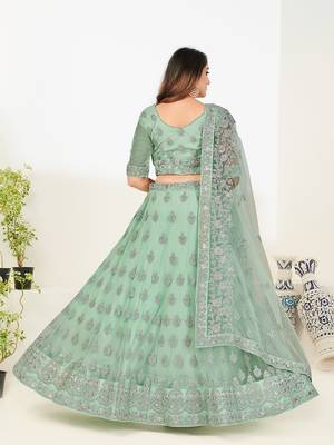 Colorful Green thread and Zari Embroidered net Semi Stitched Lehenga 4