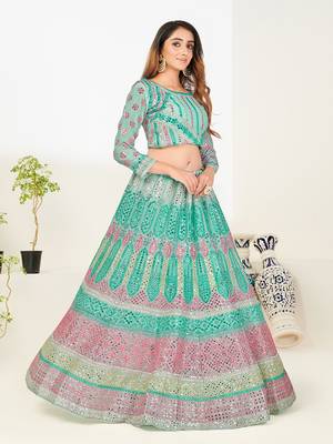 Comely sea blue thread and zari embroidered with foil mirror heavy 60gm georgette Semi Stitched Lehenga 2