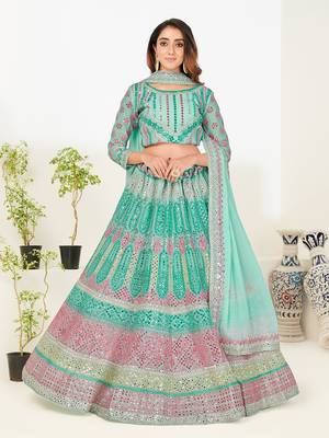 Comely sea blue thread and zari embroidered with foil mirror heavy 60gm georgette Semi Stitched Lehenga 1