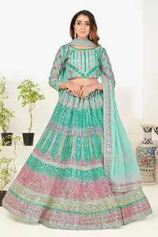 Comely sea blue thread and zari embroidered with foil mirror heavy 60gm georgette semi stitched lehenga