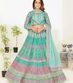 Comely sea blue thread and zari embroidered with foil mirror heavy 60gm georgette Semi Stitched Lehenga
