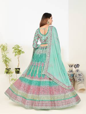 Comely sea blue thread and zari embroidered with foil mirror heavy 60gm georgette Semi Stitched Lehenga 3