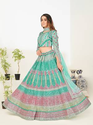 Comely sea blue thread and zari embroidered with foil mirror heavy 60gm georgette Semi Stitched Lehenga 4