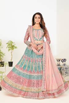 Delightfully Light-pink thread and zari embroidered with foil mirror heavy 60gm georgette semi stitched lehenga