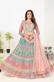 Delightfully Light-pink thread and zari embroidered with foil mirror heavy 60gm georgette semi stitched lehenga
