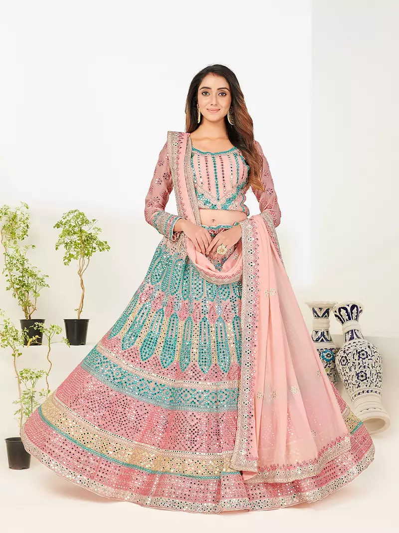 Delightfully Light-pink thread and zari embroidered with foil mirror heavy 60gm georgette semi stitched lehenga