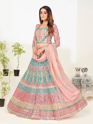 Delightfully Light-pink thread and zari embroidered with foil mirror heavy 60gm georgette Semi Stitched Lehenga 2