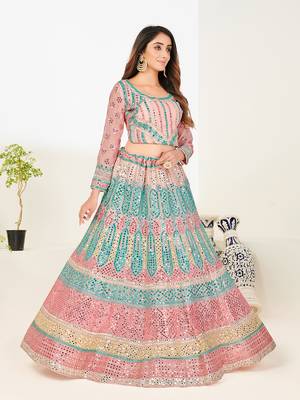 Delightfully Light-pink thread and zari embroidered with foil mirror heavy 60gm georgette Semi Stitched Lehenga 3