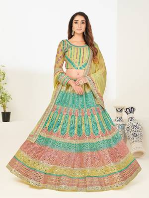 Attractive sea green thread and zari embroidered with foil mirror heavy 60gm georgette Semi Stitched Lehenga 1