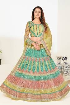 Attractive sea green thread and zari embroidered with foil mirror heavy 60gm georgette semi stitched lehenga