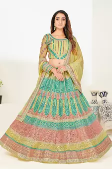 Attractive sea green thread and zari embroidered with foil mirror heavy 60gm georgette semi stitched lehenga