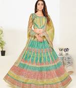 Attractive sea green thread and zari embroidered with foil mirror heavy 60gm georgette Semi Stitched Lehenga