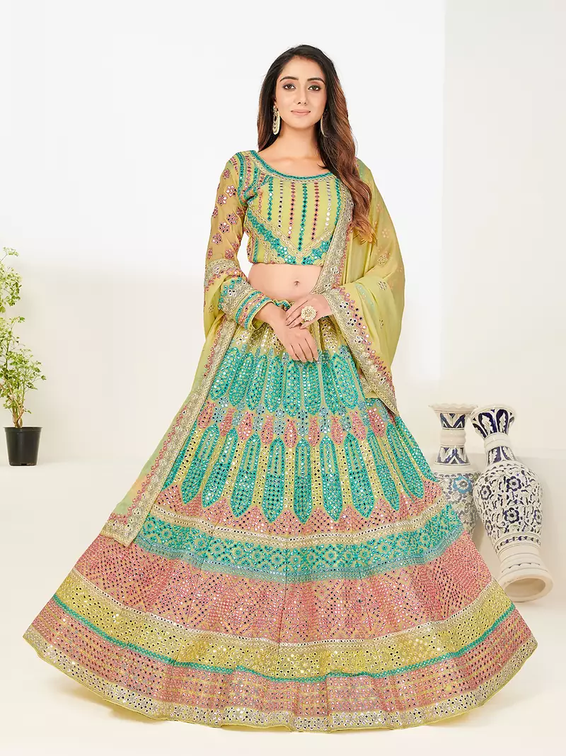 Attractive sea green thread and zari embroidered with foil mirror heavy 60gm georgette semi stitched lehenga