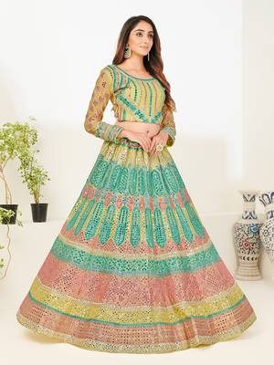 Attractive sea green thread and zari embroidered with foil mirror heavy 60gm georgette Semi Stitched Lehenga 2