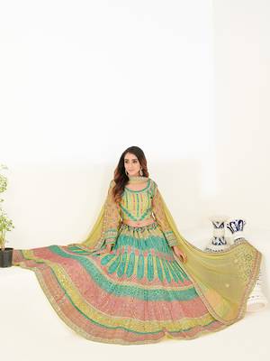Attractive sea green thread and zari embroidered with foil mirror heavy 60gm georgette Semi Stitched Lehenga 3
