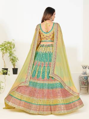 Attractive sea green thread and zari embroidered with foil mirror heavy 60gm georgette Semi Stitched Lehenga 4