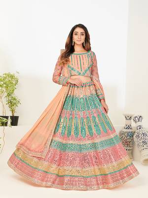 Captivating Light-peach thread and zari embroidered with foil mirror heavy 60gm georgette Semi Stitched Lehenga 1