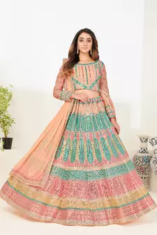 Captivating Light-peach thread and zari embroidered with foil mirror heavy 60gm georgette semi stitched lehenga