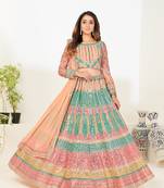 Captivating Light-peach thread and zari embroidered with foil mirror heavy 60gm georgette Semi Stitched Lehenga