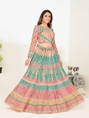 Captivating Light-peach thread and zari embroidered with foil mirror heavy 60gm georgette Semi Stitched Lehenga 2
