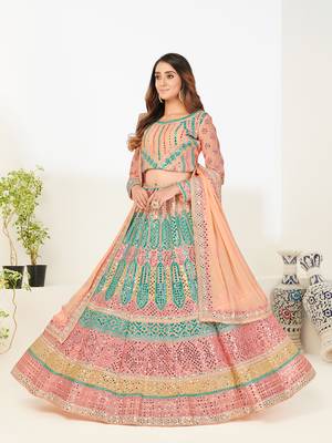 Captivating Light-peach thread and zari embroidered with foil mirror heavy 60gm georgette Semi Stitched Lehenga 3