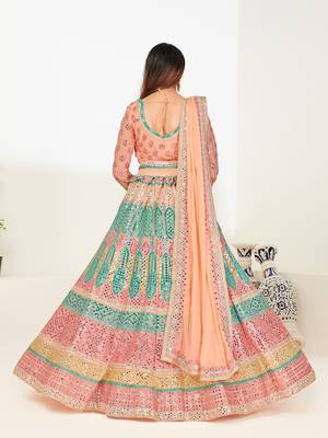 Captivating Light-peach thread and zari embroidered with foil mirror heavy 60gm georgette Semi Stitched Lehenga 4