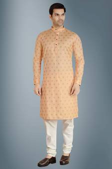Orange printed cotton silk kurta-pajama