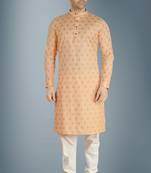 Orange printed cotton silk kurta-pajama