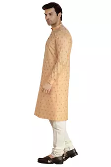 Orange printed cotton silk kurta-pajama