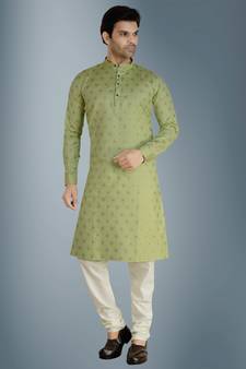 Green printed cotton silk kurta-pajama