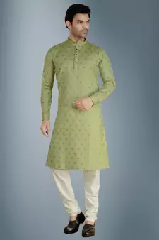 Green printed cotton silk kurta-pajama